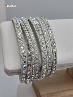 Swarovski Slake Gray Wrap Bracelet Crystal Alcantara Double Wrap 15"